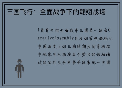 三国飞行：全面战争下的翱翔战场